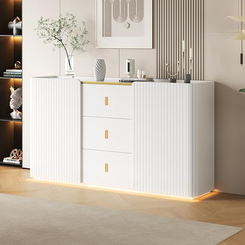 Laxnb Sideboard Kommode Weiß mit LED-Licht, 150x35x80cm Küchenschrank Stauraum 2 Türen & 3 Schubladen, Seitenschrank Mehrzweckschrank Sideboard Wohnzimmer Möbel Buffetschrank Kitchen Cabinet Anrichte Laxnb Sideboard Kommode Weiß mit LED-Licht, 150x35x80cm Küchenschrank Stauraum 2 Türen & 3 Schubladen, Seitenschrank Mehrzweckschrank Sideboard Wohnzimmer Möbel Buffetschrank Kitchen Cabinet Anrichte von Laxnb