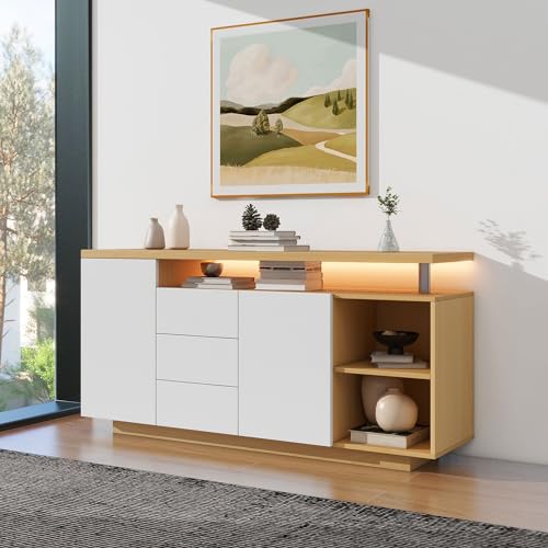 Laxnb Sideboard Kommode mit LED-Licht, 140x40x70 Küchenschrank 2 Türen & 3 Schubladen & 2 Staufächer, Seitenschrank Mehrzweckschrank Wohnzimmer Möbel Buffetschrank Kitchen Cabinet Anrichte, Weiß+Eiche von Laxnb