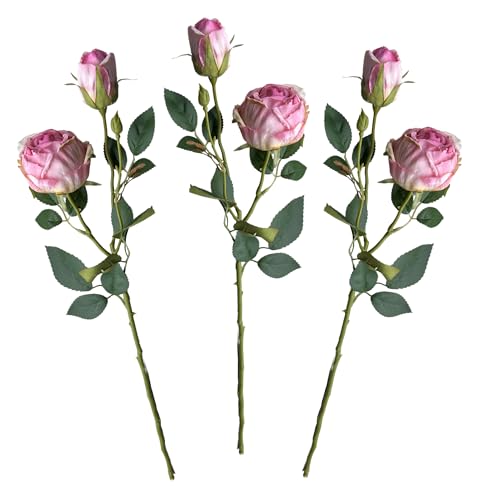 Layba Künstliche Rosen 3er Set Rosa 55 cm – Premium Seidenblumen, 2 Rosen + 1 Knospe je Zweig, realistische Kunstblumen Deko für Hochzeit, Tischdeko, Brautstrauß, Party, DIY, langlebig (Rosa) von Layba