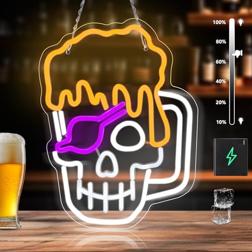 Laybasic Schädel Bier Neonschild Dimmbar, Groß 40x30cm Beer LED Leuchtreklame Bierkunst, USB oder Batteriebetrieb, für Bar Party Nachtclub Restaurant Store Feier Mann Höhle Geburtstag Wanddeko von Laybasic