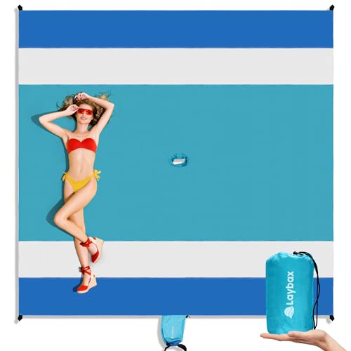 Laybax Blaue, wasserfeste, sanddichte Stranddecke mit Schirmloch, Strandmatte, kompakt und leicht, Packsack, 4 Heringe, Sandtaschen, funktioniert mit Stranddächern, Regenschirmen, Kinderzelten Laybax Blaue, wasserfeste, sanddichte Stranddecke mit Schirmloch, Strandmatte, kompakt und leicht, Packsack, 4 Heringe, Sandtaschen, funktioniert mit Stranddächern, Regenschirmen, Kinderzelten von Laybax