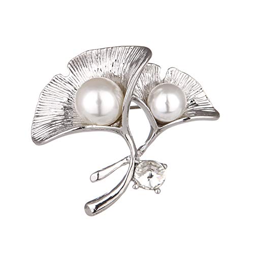 Lazeny Strass Perle Brosche Ginkgo Blatt Brosche Pin Elegant Vintage Anstecknadel Schals Tücher Ponchos Schmuck Zubehör Geschenk für Geburtstags Weihnachten Hochzeit Jahrestag Muttertag-Silber von Lazeny