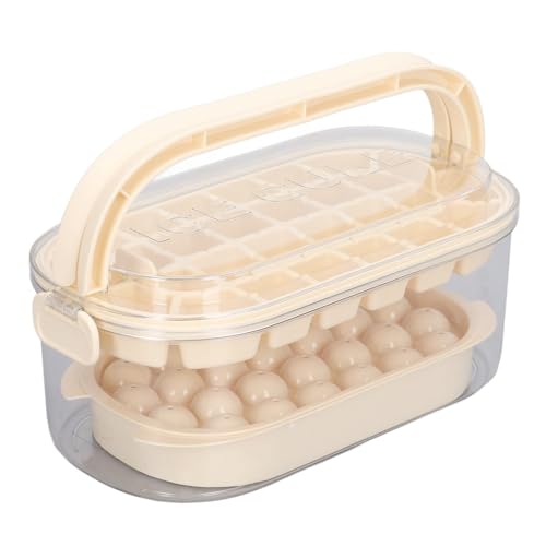 Lazmin112 2 Tabletts Runde Quadratische Eiswürfelschalen mit Deckel Ice Cupf Formen Schaufel und 54 Eiswürfel, Tragbare Aufbewahrungsbox mit Griffen, Staub und Geruchsvorbeugung (Beige) von Lazmin112