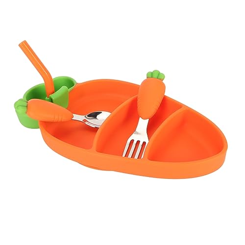 Lazmin112 Baby Silicon Fun Feeding Set mit Sicherem Saug für Chaotfreie Mahlzeiten für Babys und Kleinkinder, Karottenformplatte, Gabel, Löffel, Stroh und Bürste Inbegriffen (ORANGE) von Lazmin112