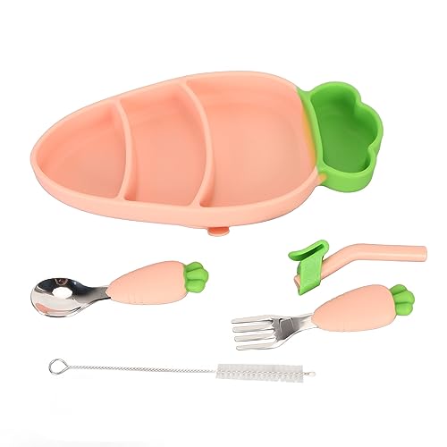 Lazmin112 Baby Silicon Fun Feeding Set mit Sicherem Saug für Chaotfreie Mahlzeiten für Babys und Kleinkinder, Karottenformplatte, Gabel, Löffel, Stroh und Bürste Inbegriffen (PINK) von Lazmin112