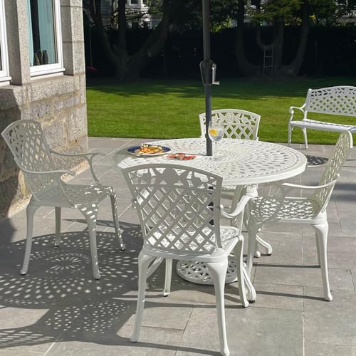 Lazy Susan 120 cm Alice Gartentisch in Weiß mit 4 Rose Stühlen, Ohne Sitzkissen | Nachhaltiges Sandguss-Aluminium | Wetterfest | Rostfrei | Wartungsarm | 3 Jahre Garantie von Lazy Susan
