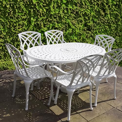 Lazy Susan 152 cm Ovaler June Gartentisch in Weiß mit 6 April Stühlen, Ohne Sitzkissen | Nachhaltiges Aluminium | Wartungsarm von Lazy Susan