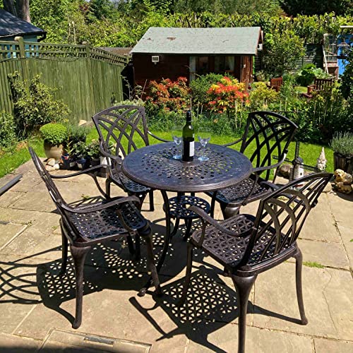 Lazy Susan 80 cm Runder Anna Gartentisch in Antik Bronze mit 4 April Stühlen, Keine Sitzkissen | Nachhaltiges Sandguss-Aluminium | Wetterfest | Rostfrei | Wartungsarm | 3 Jahre Garantie von Lazy Susan
