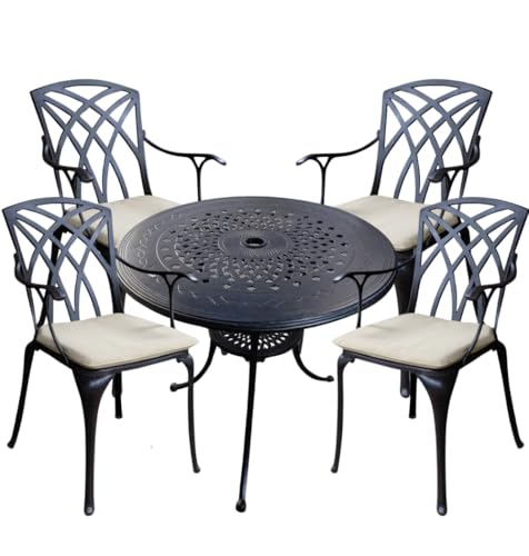 Lazy Susan 80 cm Runder Anna Gartentisch in Antik Bronze mit 4 April Stühlen und beige Sitzkissen | Nachhaltiges Sandguss-Aluminium | Wetterfest | Rostfrei | Wartungsarm | 3 Jahre Garantie von Lazy Susan