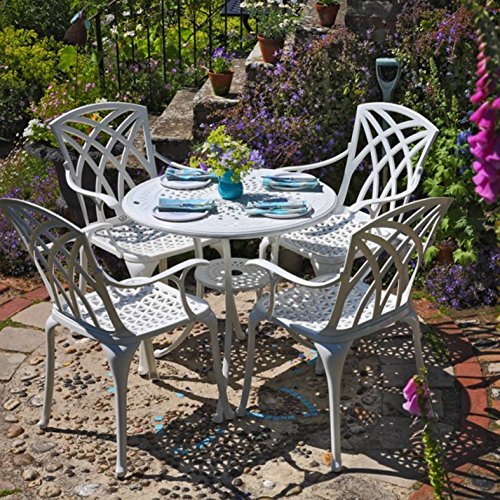 Lazy Susan 80 cm Runder Anna Gartentisch in Weiß mit 4 April Stühlen, Ohne Sitzkissen | Nachhaltiges Sandguss-Aluminium | Wetterfest | Rostfrei | Wartungsarm | 3 Jahre Garantie von Lazy Susan