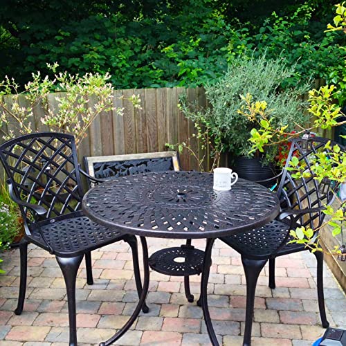 Lazy Susan 88 cm Runder Mia Gartentisch in Antik Bronze mit 2 Emma Stühlen, Ohne Sitzkissen | Nachhaltiges Sandguss-Aluminium | Wetterfest | Rostfrei | Wartungsarm | 3 Jahre Garantie von Lazy Susan