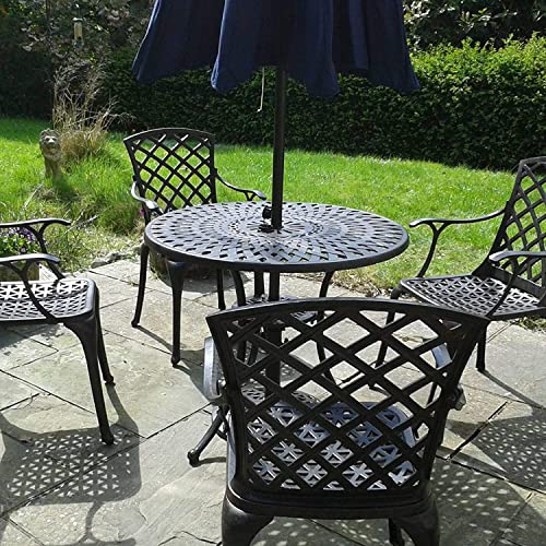 Lazy Susan 88 cm Runder Mia Gartentisch in Antik Bronze mit 4 Emma Stühlen und grünen Sitzkissen | Nachhaltiges Sandguss-Aluminium | Wetterfest | Rostfrei | Wartungsarm | 3 Jahre Garantie von Lazy Susan