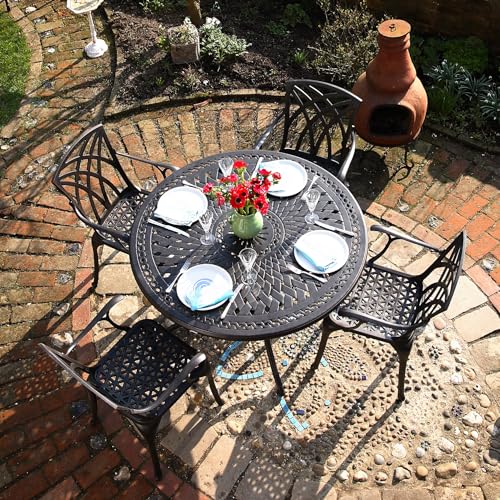 Lazy Susan – Alice Gartentisch rund | 4 April Gartenstühle | Wetterfestes Gartenmöbel Set | Aluminium | Farbe Bronze Antik | 3-jährige Garantie von Lazy Susan