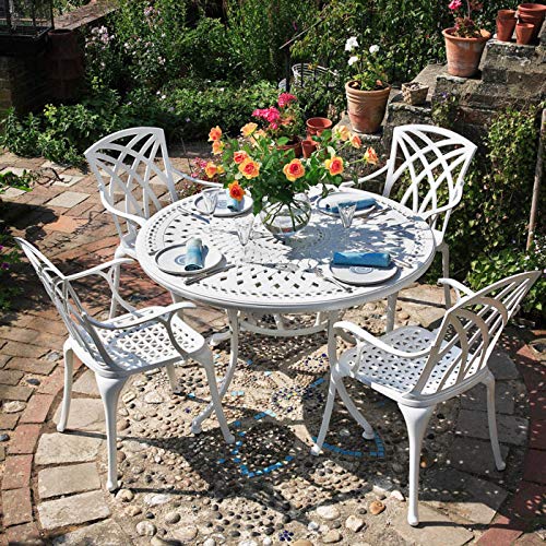 Lazy Susan - Alice 120 cm Runder Gartentisch mit 4 Stühlen - Gartenmöbel Set aus Metall, Weiß (April Stühle, Grüne Kissen) von Lazy Susan