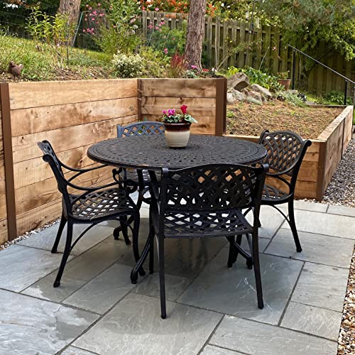 Lazy Susan – Alice Gartentisch rund | 4 Kate Gartenstühle | Wetterfestes Gartenmöbel Set | Aluminium | Farbe Bronze Antik | Grüne Kissen | 3-jährige Garantie von Lazy Susan