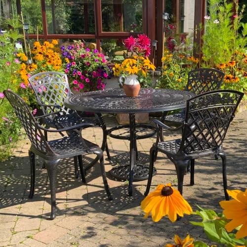 Lazy Susan – Alice Gartentisch rund | 4 Rose Gartenstühle | Wetterfestes Gartenmöbel Set | Aluminium | Farbe Bronze Antik | 3-jährige Garantie von Lazy Susan