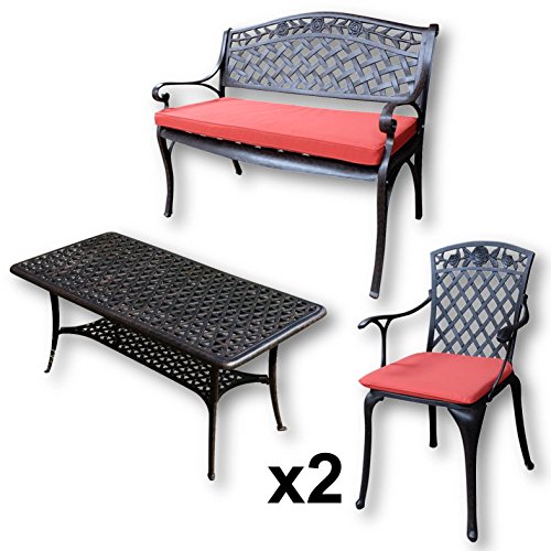 Lazy Susan | Claire Rechteckiger Garten Beistelltisch mit 1 x Rose Gartenbank und 2 x Rose Stühlen | Gartenmöbel Set aus Metall, Antik Bronze | Rostschutz | (Rote Kissen) von Lazy Susan