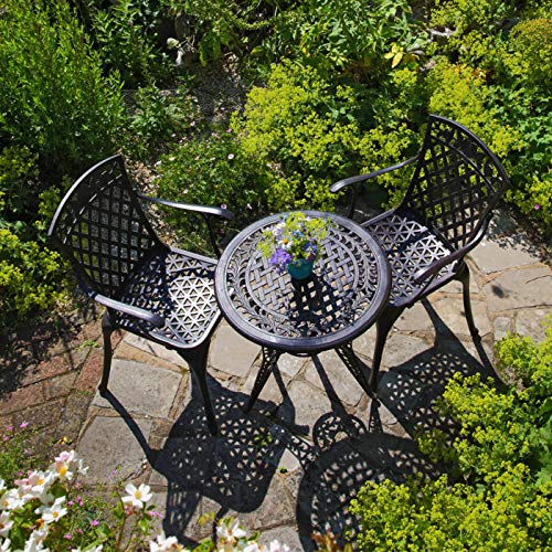 Lazy Susan - IVY Bistrotisch mit 2 Stühlen - Rundes Gartenmöbel Set aus Metall, Antik Bronze (ROSE Stühle) von Lazy Susan