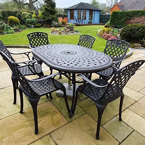 Lazy Susan Ovaler June Gartentisch in Antik Bronze mit 6 Rose Stühlen | Sandguss-Aluminium | Wetterfest | Rostfrei | Wartungsarm | 3 Jahre Garantie von Lazy Susan