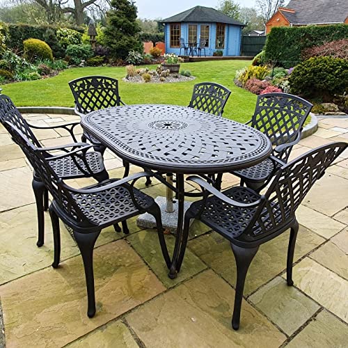Lazy Susan Ovaler June Gartentisch in Antik Bronze mit 6 Rose Stühlen mit grünen Sitzkissen | Sandguss-Aluminium | Wetterfest | Rostfrei | Wartungsarm | 3 Jahre Garantie von Lazy Susan