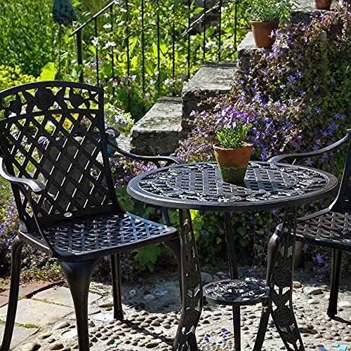Lazy Susan | Rose-Bistro-Tisch aus Aluguss mit 2 Stühlen | Garten-Set | Antik-Bronze | Wetterfest | 3 Jahre Garantie | (Rose Stühle, Rot Kissen) von Lazy Susan