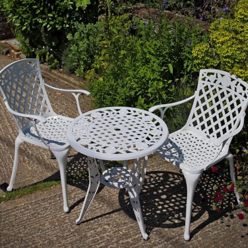 Lazy Susan - Rose Bistrotisch mit 2 Stühlen | Rundes Gartenmöbel Set aus Metall | Weiß | Rose Stühle | 3 Jahre Garantie von Lazy Susan