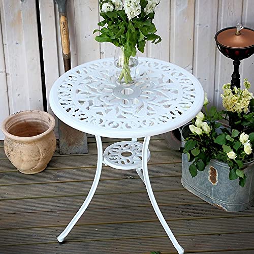 Lazy Susan Tulipe runder Gartentisch in Weiß mit 2 Rosenstühlen und Steinkissen, Sandguss-Aluminium | wetterfest | pflegeleicht | einfache Montage | 3 Jahre Garantie von Lazy Susan