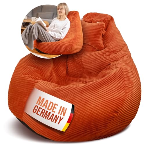 LazyCloud Sitzsack für Erwachsene mit integrierter [Nackenstütze] Cord | XXL Indoor Bean Bag mit Füllung | perfekt als Chill-, Lese- oder Gaming Sessel (90 x 80 x 70 cm) (Korallenrot) von LazyCloud