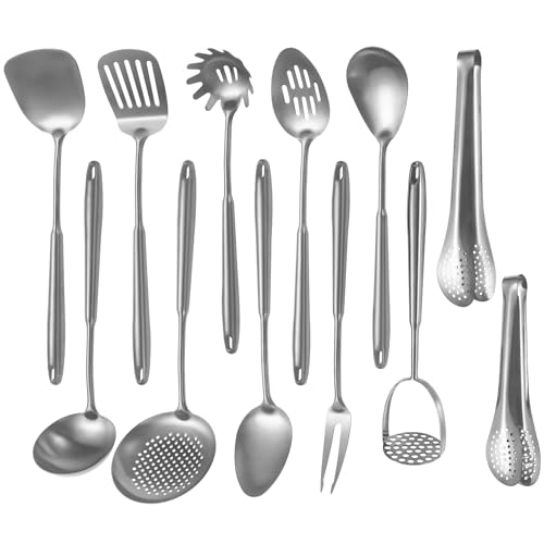 304 Edelstahl-Küchenutensilien-Set, 12-teiliges langes Metall-Kochutensilien-Set mit Pfannenwender, Schöpflöffel, Löffel, Schöpflöffel, Skimmer, Tunner, Nudelheber, Zange (Silber, spülmaschinenfest) von Lazycorner