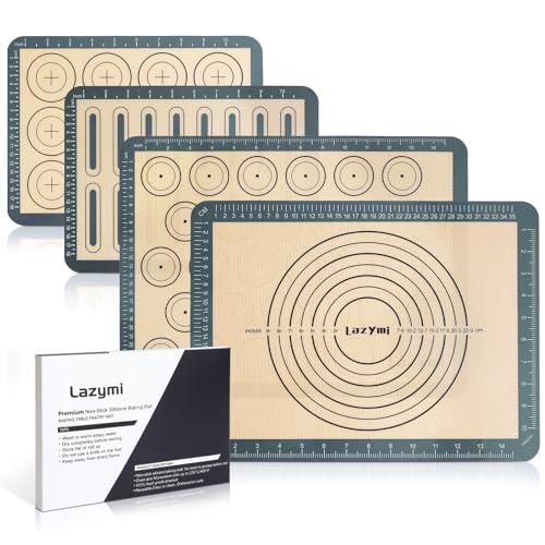 Lazymi 4 Stück Antihafte Backmatte Silikon mit Messung für Macaron/Kuchen/Brot/Pizza Matte Backunterlage Silikonmatte Backpapier Backfolie Ausrollmatte Teigmatte Tischset BPA Frei (Grau) von Lazymi