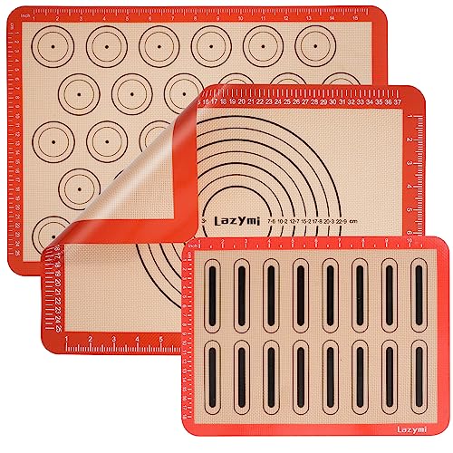Lazymi Backmatte Silikon mit Messung 3 Stück Set, Antihafte Backunterlage Silikonmatte backen für Macaron/Kuchen/Brot/Pizza Matte/Teigmatte/Ausrollmatte(Rot) von Lazymi
