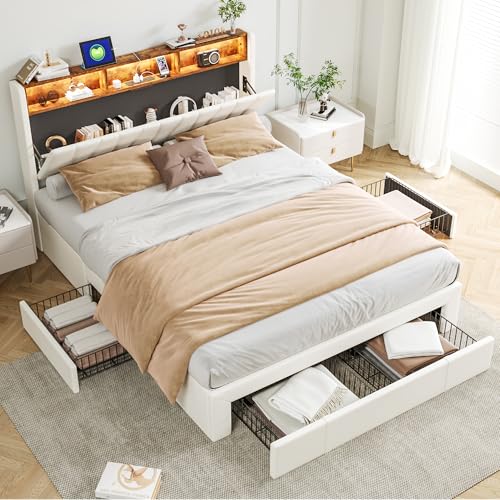 Lazyspace Polsterbett 140x200 cm mit Steckdosen & LED Beleuchtung, Doppelbett mit Stauraum Kopfteil & Offene Regale, Bettgestell mit 4 Großer Schubladen & Lattenrost, Samt, Ohne Matratze, Beige von Lazyspace