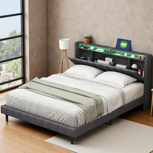 Lazyspace Polsterbett 140 x 200 cm mit Matratze, Steckdosen & LED Beleuchtung, Doppelbett 140 x 200 mit Stauraum & Offene Regale, Bettgestell mit Kopfteil & Lattenrost, Jugendbett, Leinen, Gray von Lazyspace