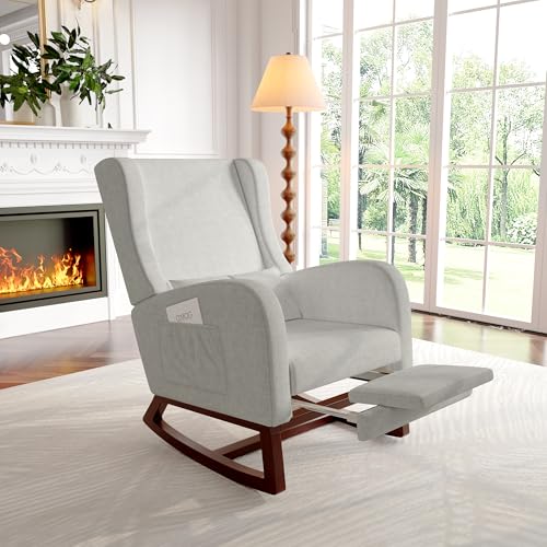 Lazyspace Schaukelstuhl mit Hocker und Seitentaschen, Sessel Relaxsessel Stillsessel Lesesessel, Schwingsessel mit Armlehnen und gepolsterter, Wohnzimmersessel, Leinen, Grau, 64 x 67 x 99 cm von Lazyspace