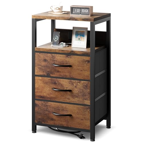 NightStand Nachttisch Ladetisch Schlafzimmer - Moderner Beistelltisch mit offenem Regal & 3 Stoffschubladen, Bett-Beistelltisch mit USB-C-USB-Anschlüssen & AC-Steckdosen für Wohnheim, Nachttisch mit von Lazzanto