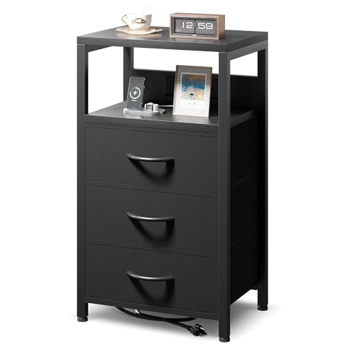 NightStand Nachttisch Ladetisch Schlafzimmer - Nachttisch mit Ladestation, Schwarz Moderner Beistelltisch mit offenem Regal & 3 Stoffschubladen, Bett-Beistelltisch mit USB-C-USB-Anschlüssen von Lazzanto