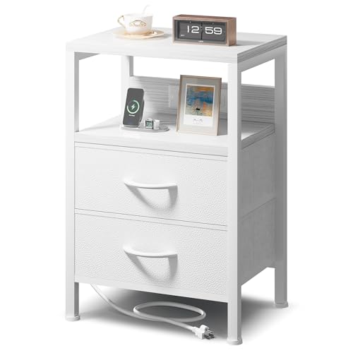 NightStand Nachttisch Ladetisch Schlafzimmer - Nachttisch mit Ladestation, Weiß Moderner Beistelltisch mit offenem Regal & 2 Stoffschubladen, Bett-Beistelltisch mit USB-C-USB-Anschlüssen von Lazzanto