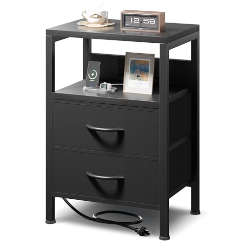 NightStand Nachttisch Ladetisch Schlafzimmer - Nachttisch mit Ladestation, moderner Beistelltisch mit offenem Regal & 2 Stoffschubladen, Bett-Beistelltisch mit USB-C-USB-Anschlüssen & AC-Steckdosen von Lazzanto