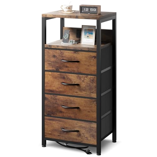 NightStand Nachttisch Ladetisch Schlafzimmer - Nachttisch mit Ladestation, moderner Beistelltisch mit offenem Regal & 4 Stoffschubladen, Bett-Beistelltisch mit USB-C-USB-Anschlüssen & AC-Steckdosen von Lazzanto