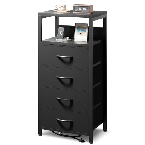 NightStand Nachttisch Ladetisch Schlafzimmer - Schwarzer Nachttisch mit Ladestation, Moderner Beistelltisch mit offenem Regal & 4 Stoffschubladen, Bett-Beistelltisch mit USB-C-USB-Anschlüssen von Lazzanto