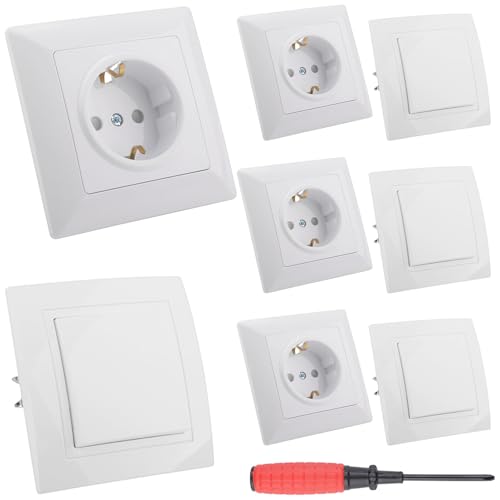 4 Stück Steckdose Unterputz und 4 Stück Lichtschalter Kombi mit Schraubendreher Einzelsteckdose Kipplichtschalter Wandsteckdose Wechselschalter mit Taster Weiß 1 Fach mit Rahmen - 82×82mm von LbsAMP