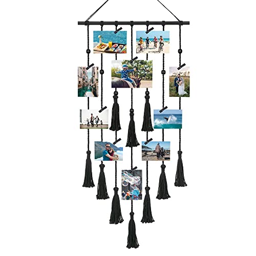 LbsAMP Foto hängendes Seil Makramee Wandbehang Hängender Fotowand mit 30 Holzklammern selbstklebender Haken Boho Deko Chic Gewebte Tapisserie Fotohalter für Wohnkultur Hochzeitsfeier Fotoseil 43x108cm von LbsAMP