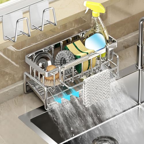 Spülbecken Organizer Hängend Ohne Bohren mit 2 Spülschwammhalter Selbstklebend Multifunktional Spülen Organizer Küche Spüllappenhalter Spülbecken Schwamm Lappen Spülutensilien Aufbewahrung von LbsAMP