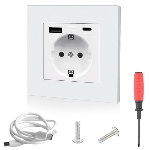 Steckdose mit USB Anschluss und Typ C Weiß 220-250V/16A (USB 5V 2.1A) Unterputz Steckdose USB mit Datenkabel USB C auf USB C und Schraubendreher Einzelsteckdose Wandsteckdosen 1Fach - 86×86mm Steckdose mit USB Anschluss und Typ C Weiß 220-250V/16A (USB 5V 2.1A) Unterputz Steckdose USB mit Datenkabel USB C auf USB C und Schraubendreher Einzelsteckdose Wandsteckdosen 1Fach - 86×86mm von LbsAMP