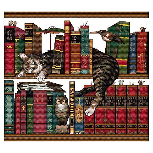 Lbvzxkad DIY Handgemacht Handarbeit Kreuzstich Set Stickpackung 14Ct Katze Auf Bücherregal Muster Kreuzstich 40 X 36 cm Haus Dekoration von Lbvzxkad