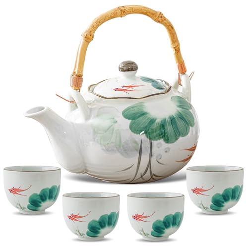 Japanisches Tee-Set für Erwachsene, Porzellan-Teeservice mit Lotusblatt-Fisch-Muster, Teekanne mit Teesieb für losen Tee, Keramik-Teekanne mit Bambusgriff für Zuhause, Büro, ideales Geschenk für von Lbwstellar