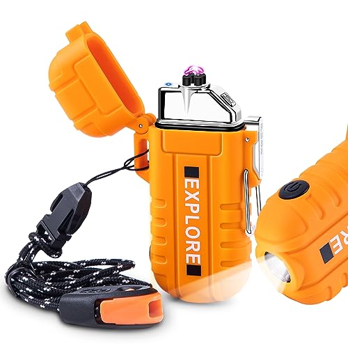 LcFun Feuerzeug Elektrisch Elektro Feuerzeug Winddicht Lichtbogen Aufladbar Type-C, Wiederaufladbar mit Taschenlampe für Camping, Wandern, Outdoor Survival Kits (Orange) von LcFun