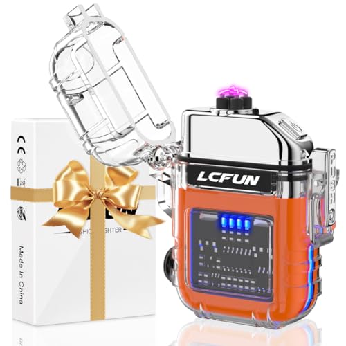 LcFun Feuerzeug Elektrisch, Lichtbogen Feuerzeug USB Aufladbar, Elektrisches Feuerzeug mit Batterieanzeige & Taschenlampe, Wasserdicht Winddicht Feuerzeug für Wandern, Camping, Survival Kit von LcFun