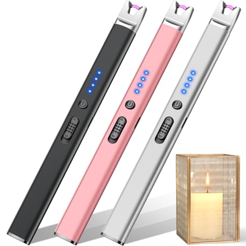 LcFun Feuerzeug Elektrisch Lichtbogen Stabfeuerzeug USB Aufladbar Elektrisches Feuerzeug mit Sicherheitsschloss, Plasma Kerzenanzünder für Kerze Camping Feuerwerk Kamin (Schwarz+Silber+Rosa) von LcFun