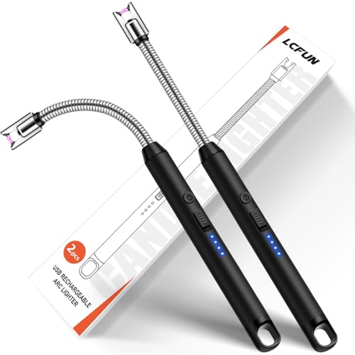 LcFun Stabfeuerzeug USB Aufladbar, Lichtbogen Feuerzeug Elektrisch mit Längerer Hals, Sicherheitsschloss, Typ C Aufladbar Plasma Feuerzeug Kerzenanzünder für Küche, Kamin, Feuerwerk (2 Schwarz) von LcFun